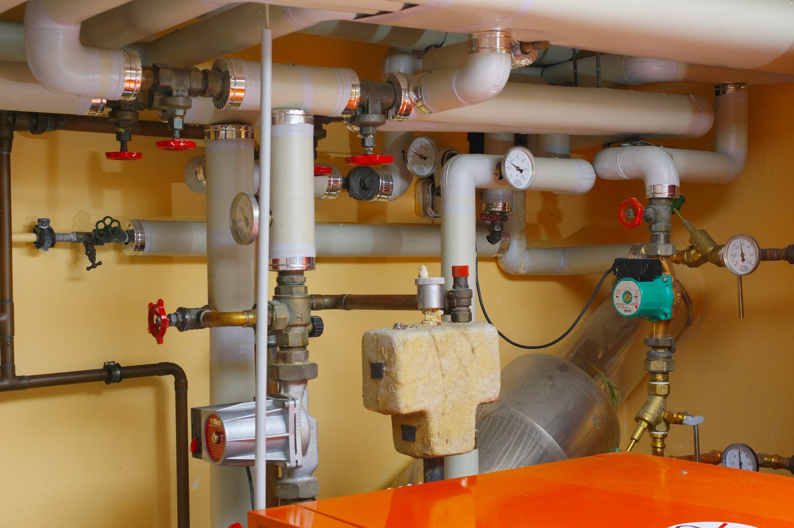 Central heating pipework, valves and controls